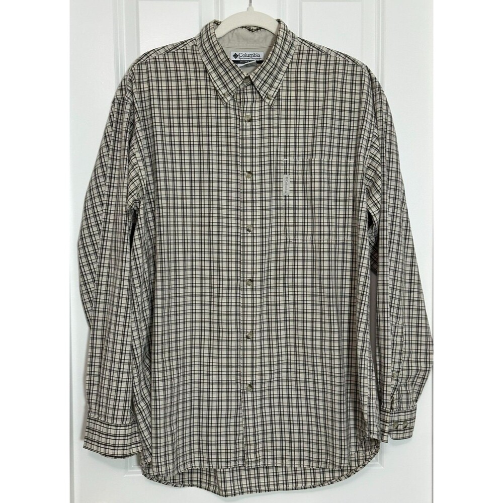 Columbia Long Sleeve Button Down Shirt Men's XL Beige Gray Plaid Outdoor Hiking